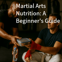 Two martial artists in a gym exchange a meal container. A black martial artist hands a sealed Tupperware dish to a seated, white martial artist with red hand wraps, emphasizing nutrition, recovery, and camaraderie in training.