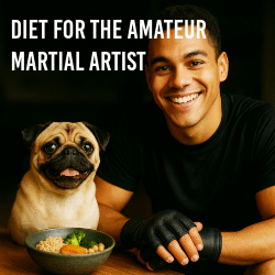 Smiling mixed-race martial artist sitting with his pug at a table with a balanced meal of quinoa, salmon, broccoli, and chickpeas.