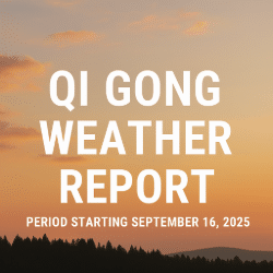 Qi Gong Weather Report – Flagstaff, September 16, 2025. Autumn sunset over Flagstaff forest treeline with bold white title overlay.