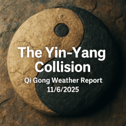 Close-up of a weathered stone Yin–Yang symbol lit with cinematic realism, representing the energetic tension and balance described in the Qi Gong Weather Report for November 6, 2025.