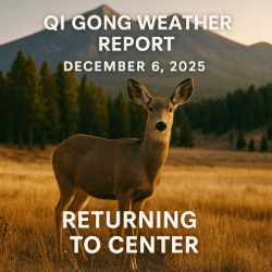 A female mule deer stands calmly in a golden meadow at sunset with the San Francisco Peaks in the background. Text on the image reads “Qi Gong Weather Report – December 6, 2025 – Returning to Center.”